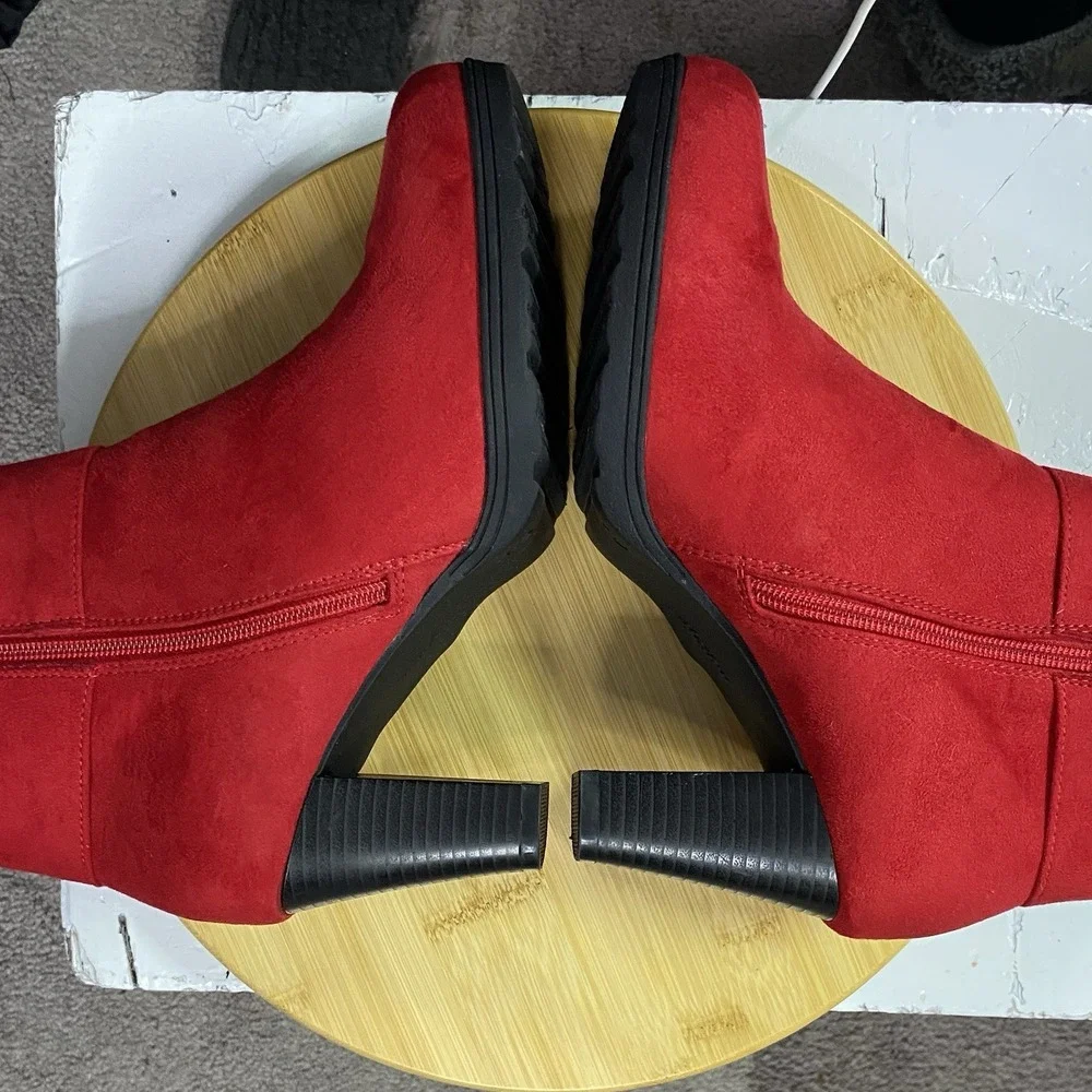 mysoft Women's Red Booties Chunky Heel, Great Cond. Zipper Ankle Boots US 9.5‎
